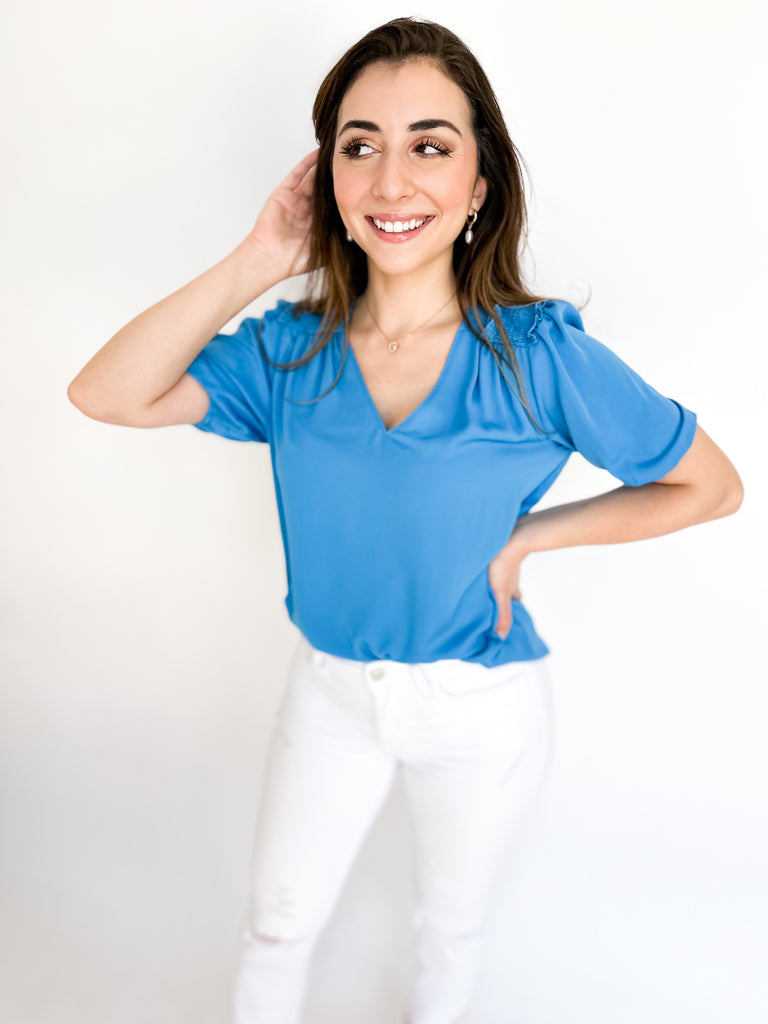 Ruffle Smocked Blouse - Blue-200 Fashion Blouses-CURRENT AIR CLOTHING-July & June Women's Boutique, Located in San Antonio, Texas