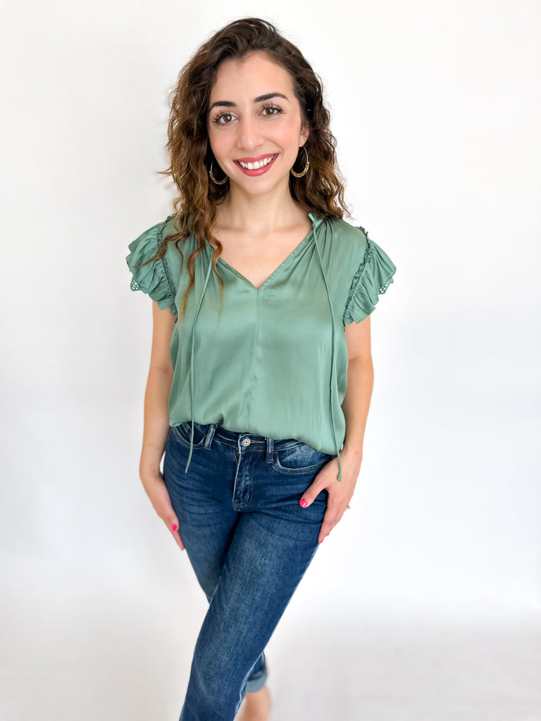 Lace Detailed Ruffle Blouse - Sage-200 Fashion Blouses-CURRENT AIR CLOTHING-July & June Women's Boutique, Located in San Antonio, Texas