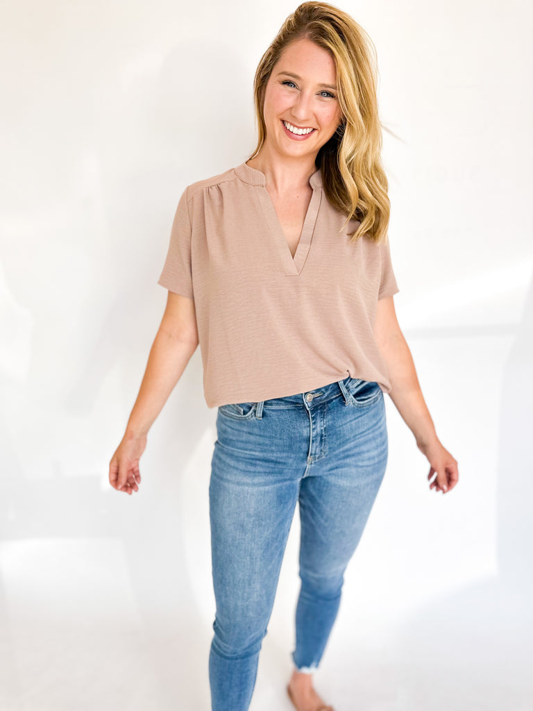 Classic V-Neck Blouse- Taupe-200 Fashion Blouses-ENTRO-July & June Women's Fashion Boutique Located in San Antonio, Texas
