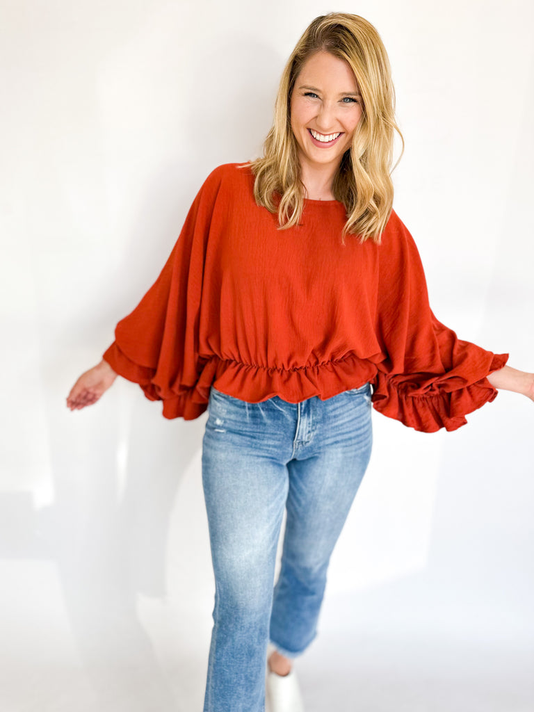 Ruffle Romance Cropped Blouse- Rust-200 Fashion Blouses-ENTRO-July & June Women's Fashion Boutique Located in San Antonio, Texas