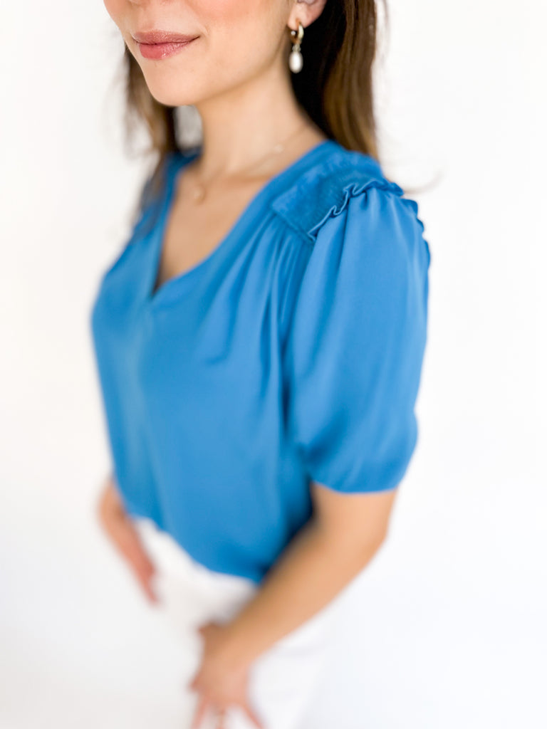 Ruffle Smocked Blouse - Blue-200 Fashion Blouses-CURRENT AIR CLOTHING-July & June Women's Boutique, Located in San Antonio, Texas