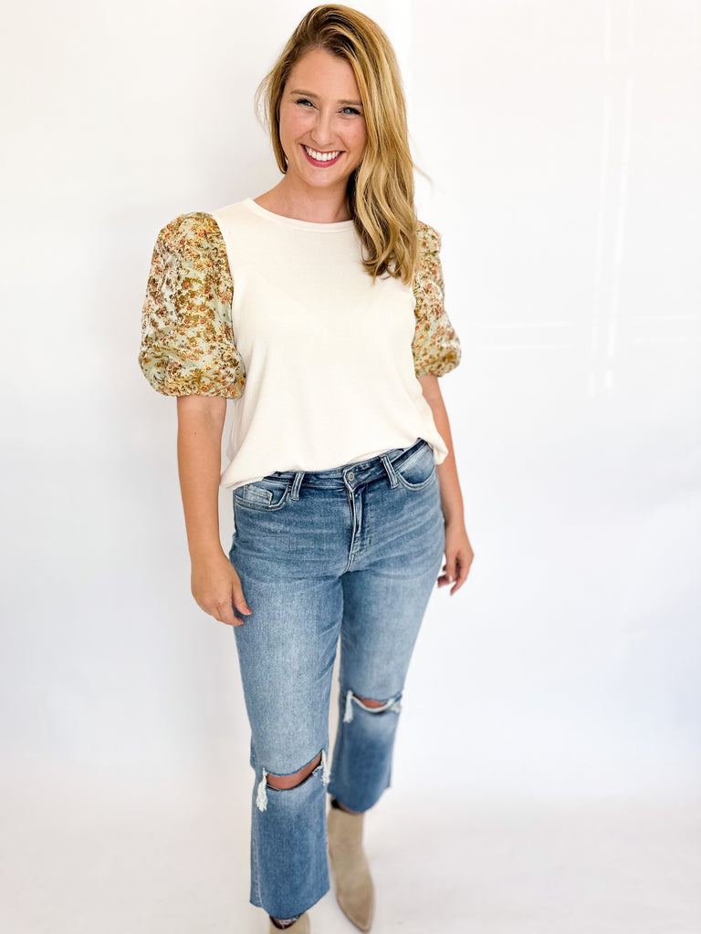Exaggerated Floral Puff Sleeve Blouse- Cream-200 Fashion Blouses-ENTRO-July & June Women's Fashion Boutique Located in San Antonio, Texas