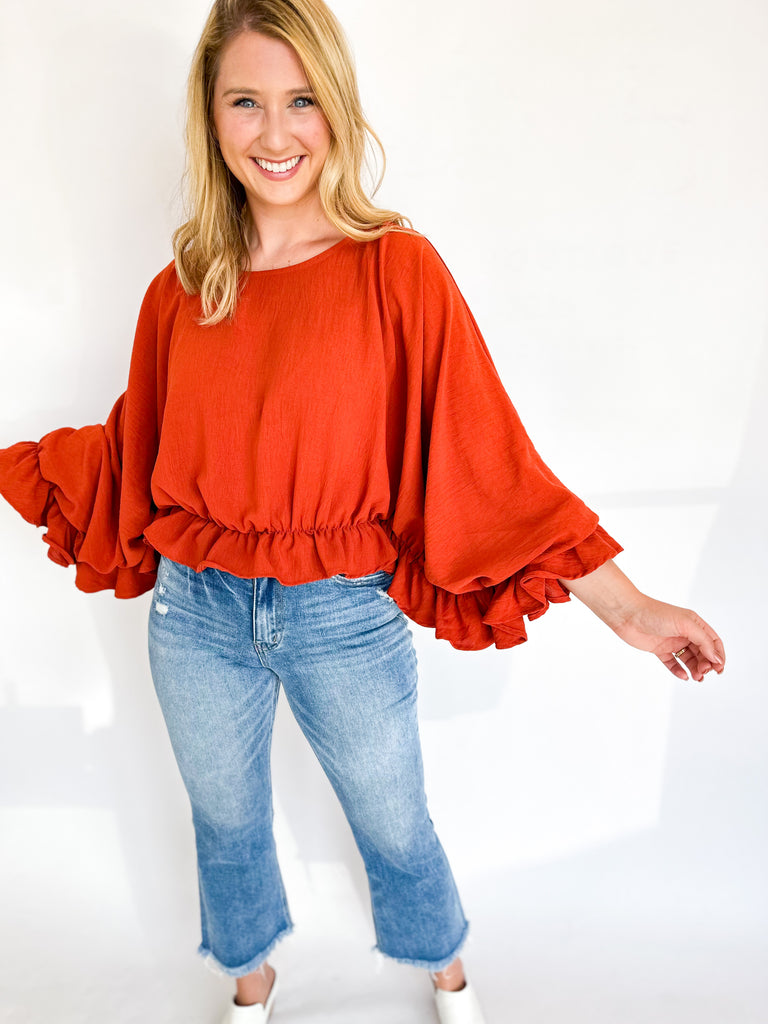 Ruffle Romance Cropped Blouse- Rust-200 Fashion Blouses-ENTRO-July & June Women's Fashion Boutique Located in San Antonio, Texas