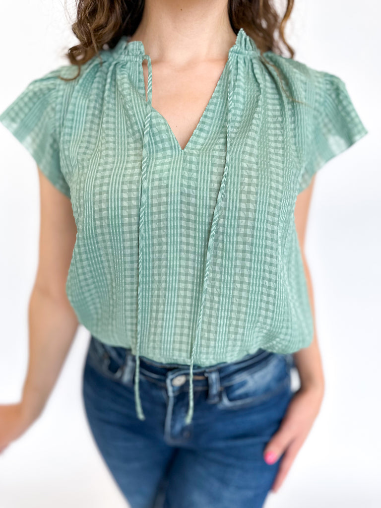 Kelly Green Gingham Ruffle Blouse-200 Fashion Blouses-CURRENT AIR CLOTHING-July & June Women's Boutique, Located in San Antonio, Texas