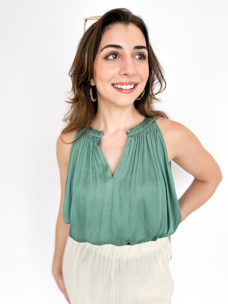 Satin Bubble Crop Blouse - Sage-200 Fashion Blouses-CURRENT AIR CLOTHING-July & June Women's Boutique, Located in San Antonio, Texas