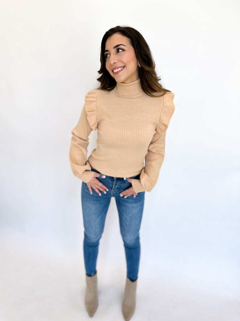 Taupe Ribbed Ruffle Sleeve Turtleneck-230 Sweaters/Cardis-&MERCI-July & June Women's Fashion Boutique Located in San Antonio, Texas