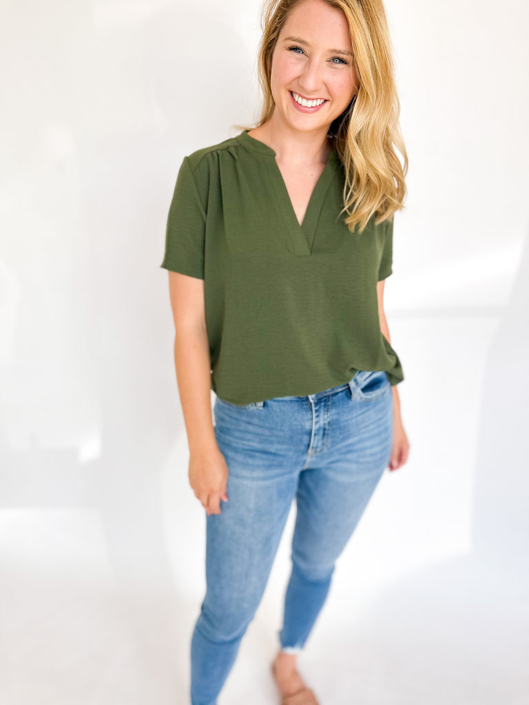Classic V-Neck Blouse- Olive-200 Fashion Blouses-ENTRO-July & June Women's Fashion Boutique Located in San Antonio, Texas
