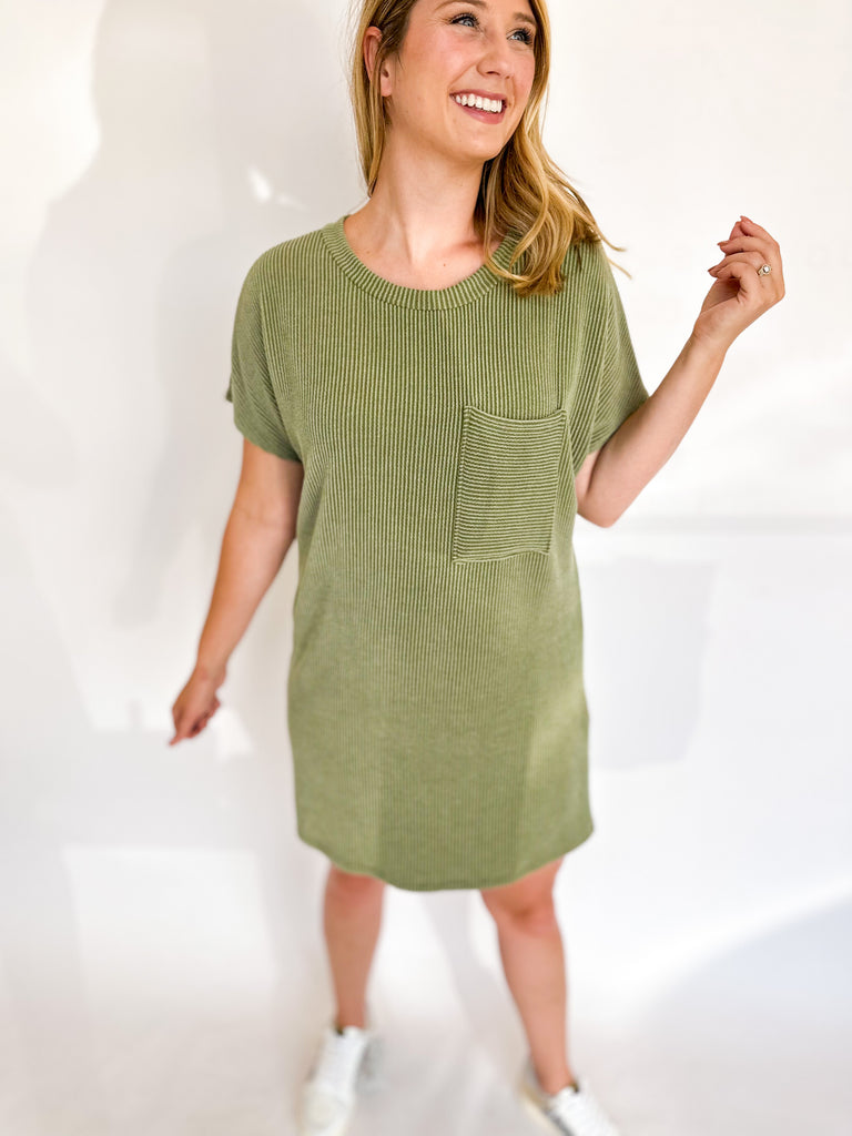 Ribbed T-Shirt Dress - Olive-510 Mini-ENTRO-July & June Women's Fashion Boutique Located in San Antonio, Texas