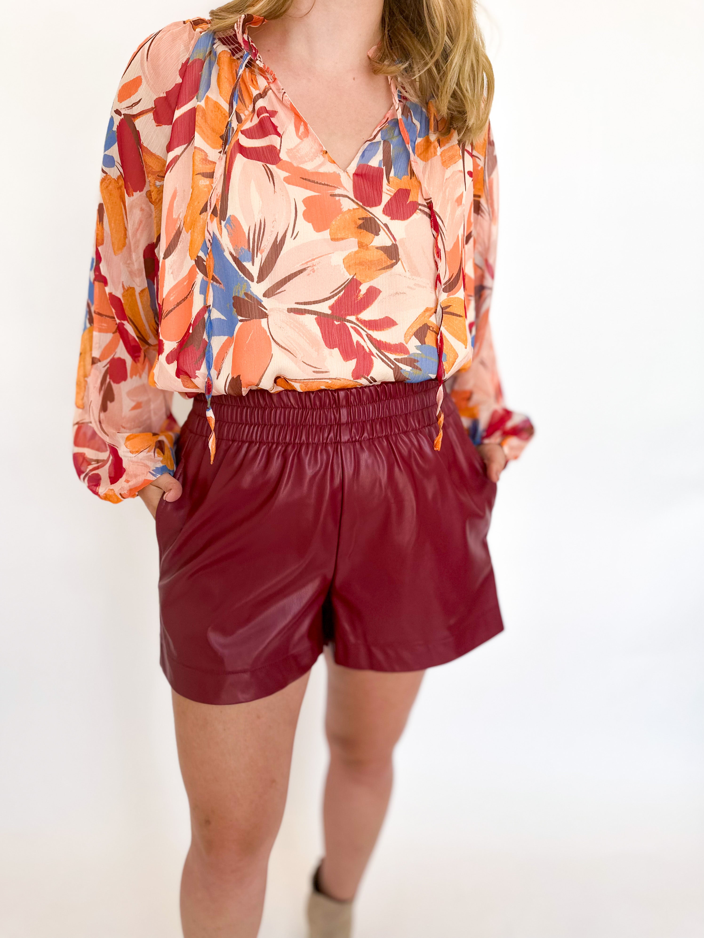 Faux Leather Elastic Shorts- Wine-410 Shorts/Skirts-ENTRO-July & June Women's Fashion Boutique Located in San Antonio, Texas