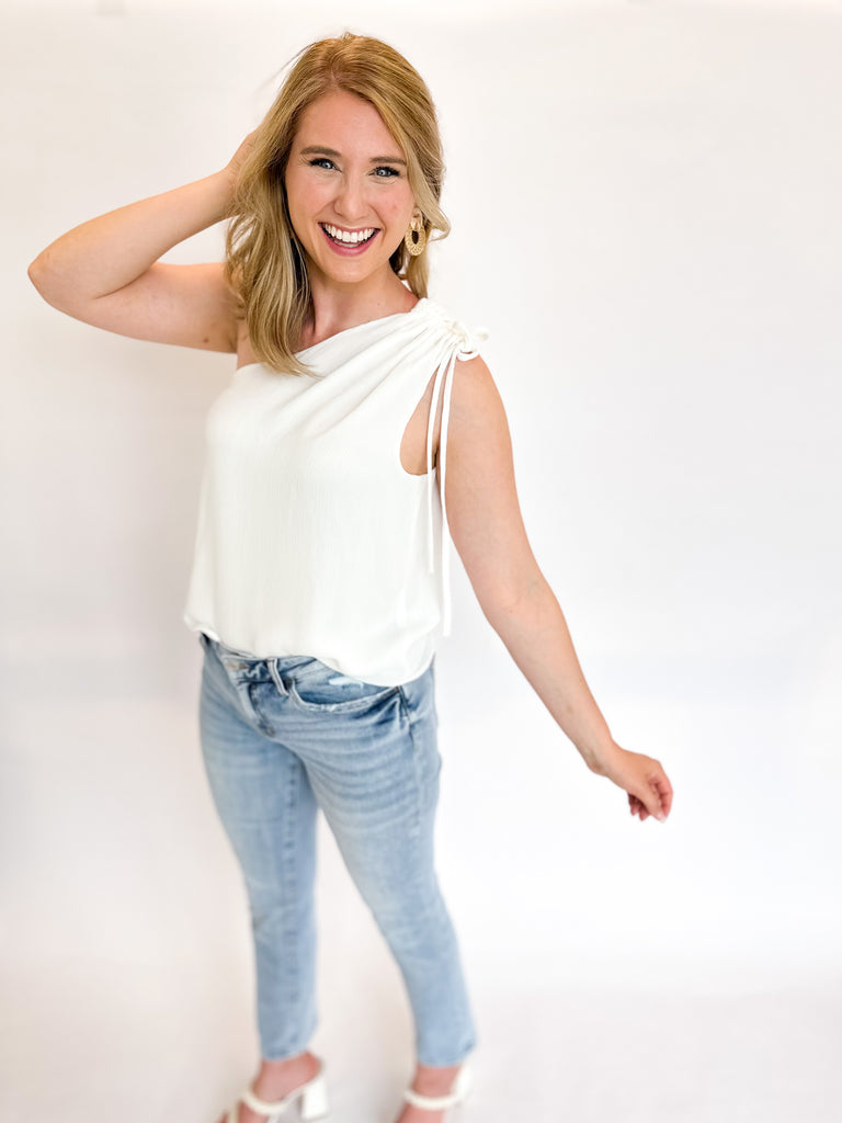 One Shoulder GNO Blouse - Ivory-200 Fashion Blouses-TYCHE-July & June Women's Boutique, Located in San Antonio, Texas