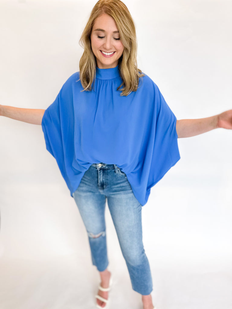 Mock Neck Caftan Blouse - Blue-200 Fashion Blouses-TYCHE-July & June Women's Boutique, Located in San Antonio, Texas