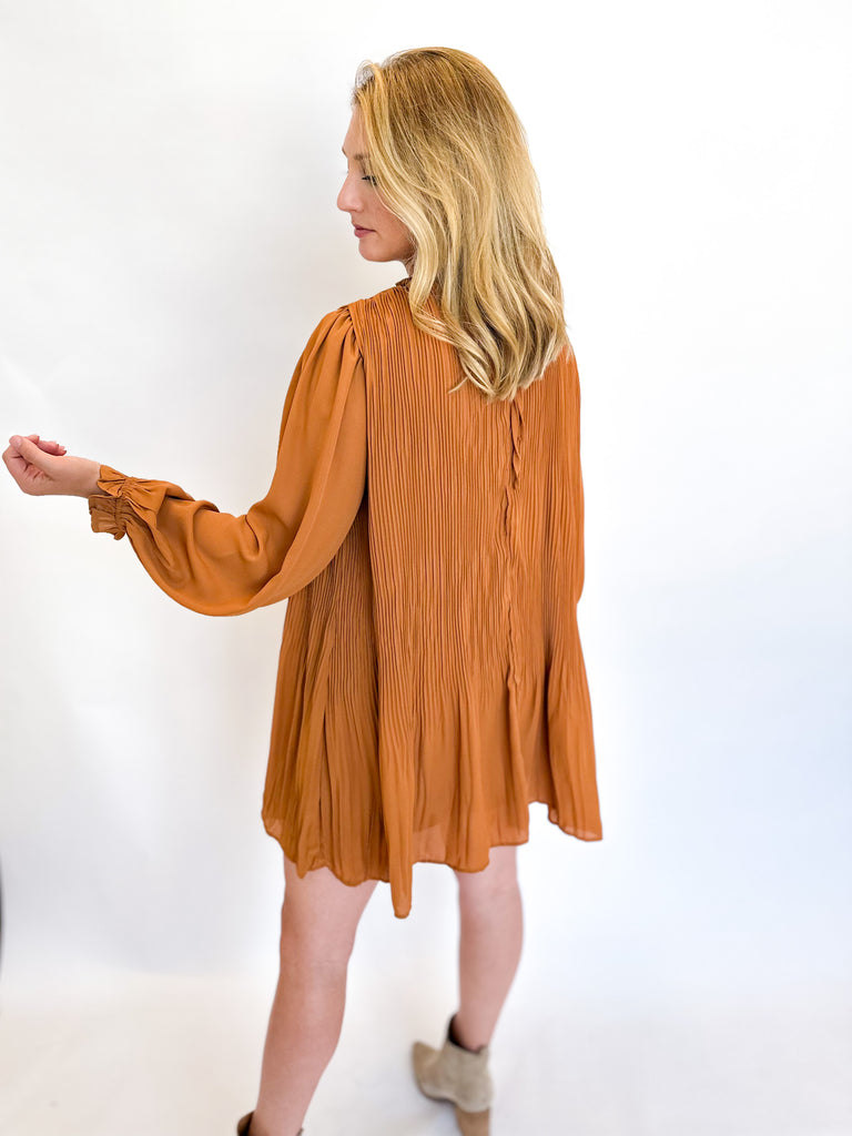 Long Sleeve Pleated Mini Dress- Honey-510 Mini-&MERCI-July & June Women's Fashion Boutique Located in San Antonio, Texas