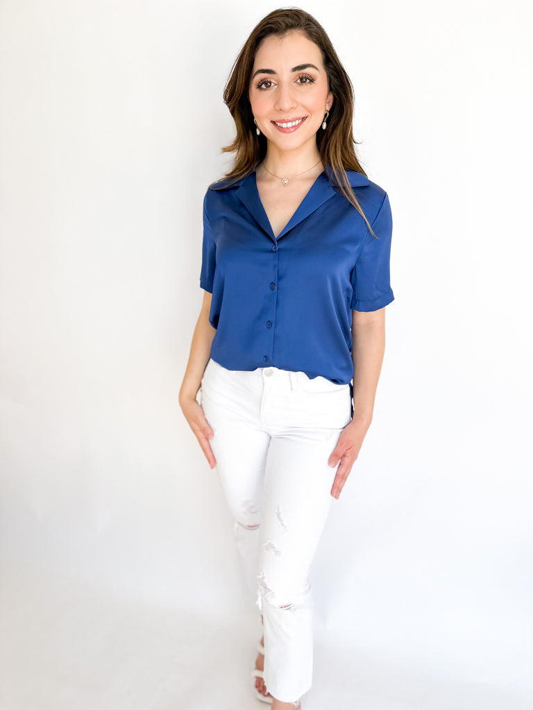 Satin Collar Button Down Blouse - Navy-200 Fashion Blouses-SKIES ARE BLUE-July & June Women's Boutique, Located in San Antonio, Texas