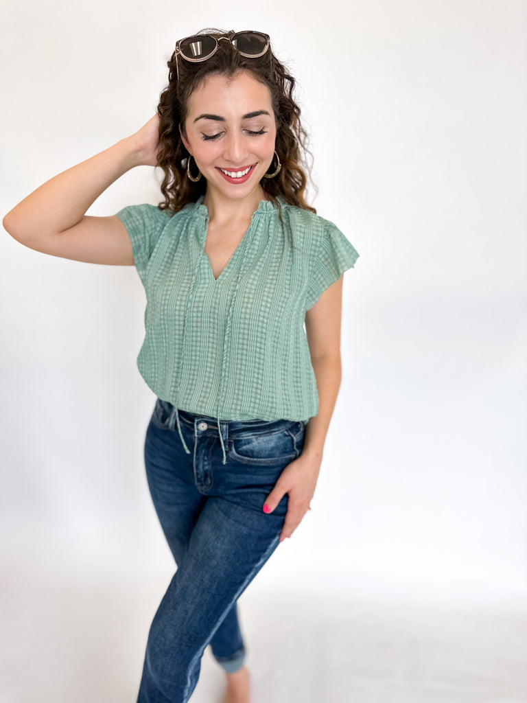 Kelly Green Gingham Ruffle Blouse-200 Fashion Blouses-CURRENT AIR CLOTHING-July & June Women's Boutique, Located in San Antonio, Texas