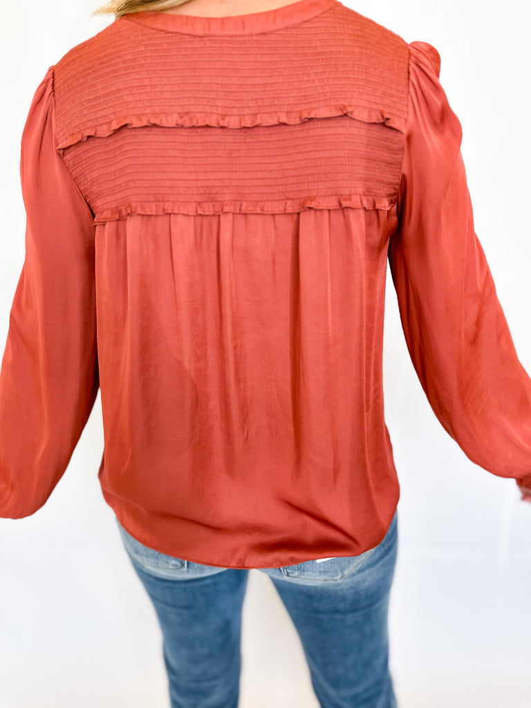 Rust Ruffle Peasant Blouse-200 Fashion Blouses-CURRENT AIR CLOTHING-July & June Women's Fashion Boutique Located in San Antonio, Texas