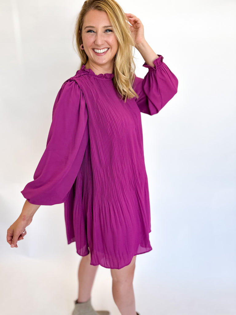 Long Sleeve Pleated Mini Dress- Plum-510 Mini-&MERCI-July & June Women's Fashion Boutique Located in San Antonio, Texas