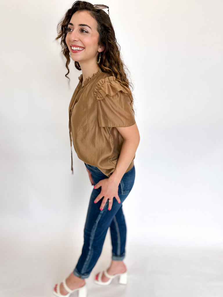 Dark Taupe Ruffle Blouse-200 Fashion Blouses-CURRENT AIR CLOTHING-July & June Women's Boutique, Located in San Antonio, Texas