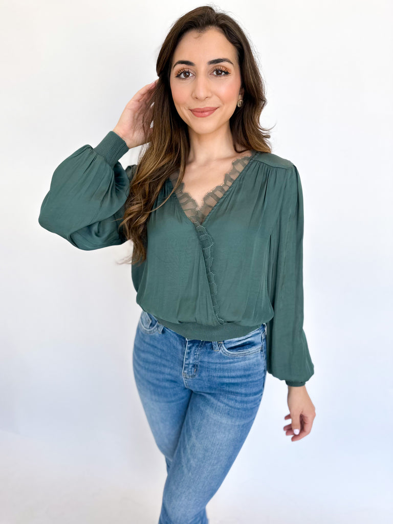 Date Night Lace Blouse - Hunter Green-200 Fashion Blouses-CURRENT AIR CLOTHING-July & June Women's Fashion Boutique Located in San Antonio, Texas