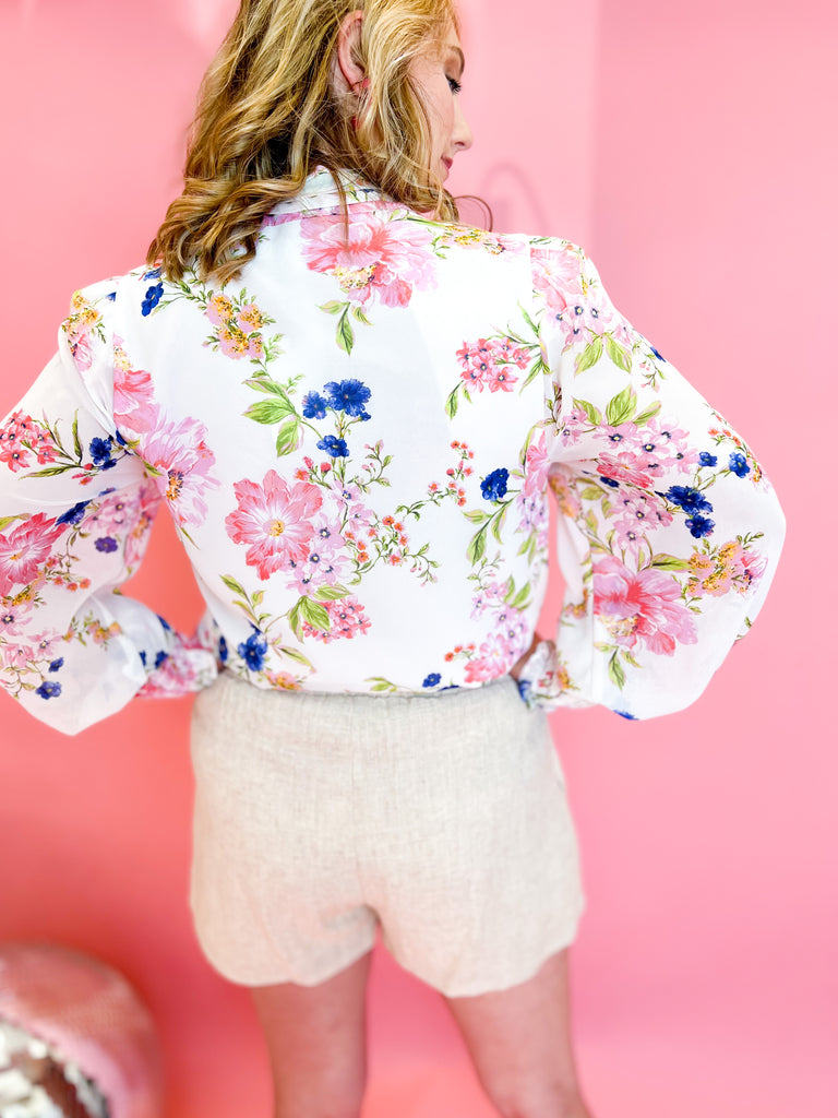 Floral Feminine Tie Blouse-200 Fashion Blouses-SUGARLIPS-July & June Women's Boutique, Located in San Antonio, Texas