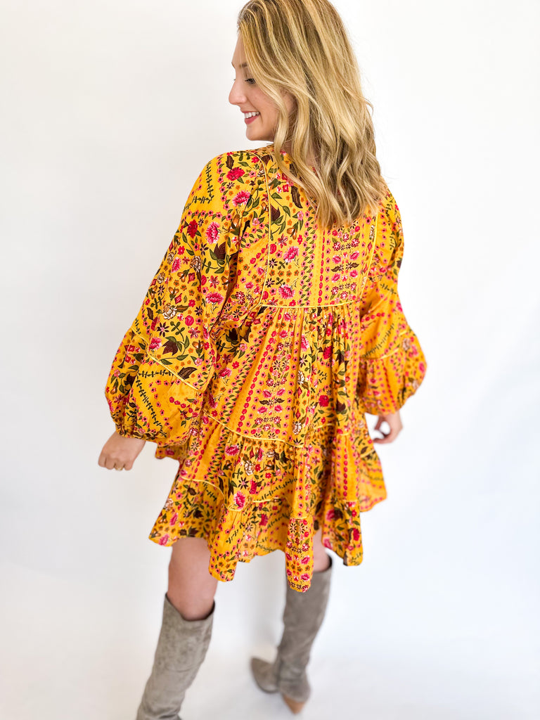 Mustard Floral Mini Dress-510 Mini-OLIVACEOUS-July & June Women's Fashion Boutique Located in San Antonio, Texas