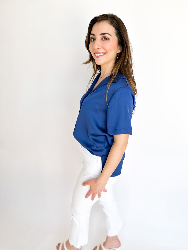 Satin Collar Button Down Blouse - Navy-200 Fashion Blouses-SKIES ARE BLUE-July & June Women's Boutique, Located in San Antonio, Texas