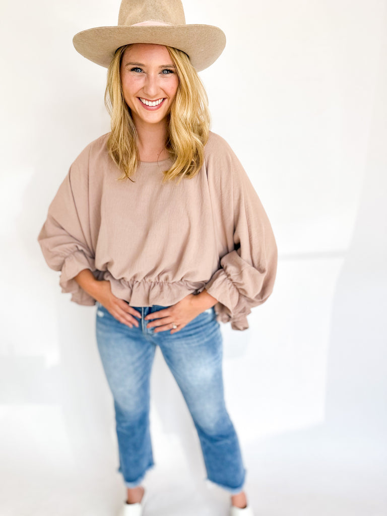 Ruffle Romance Cropped Blouse - Taupe-200 Fashion Blouses-ENTRO-July & June Women's Fashion Boutique Located in San Antonio, Texas