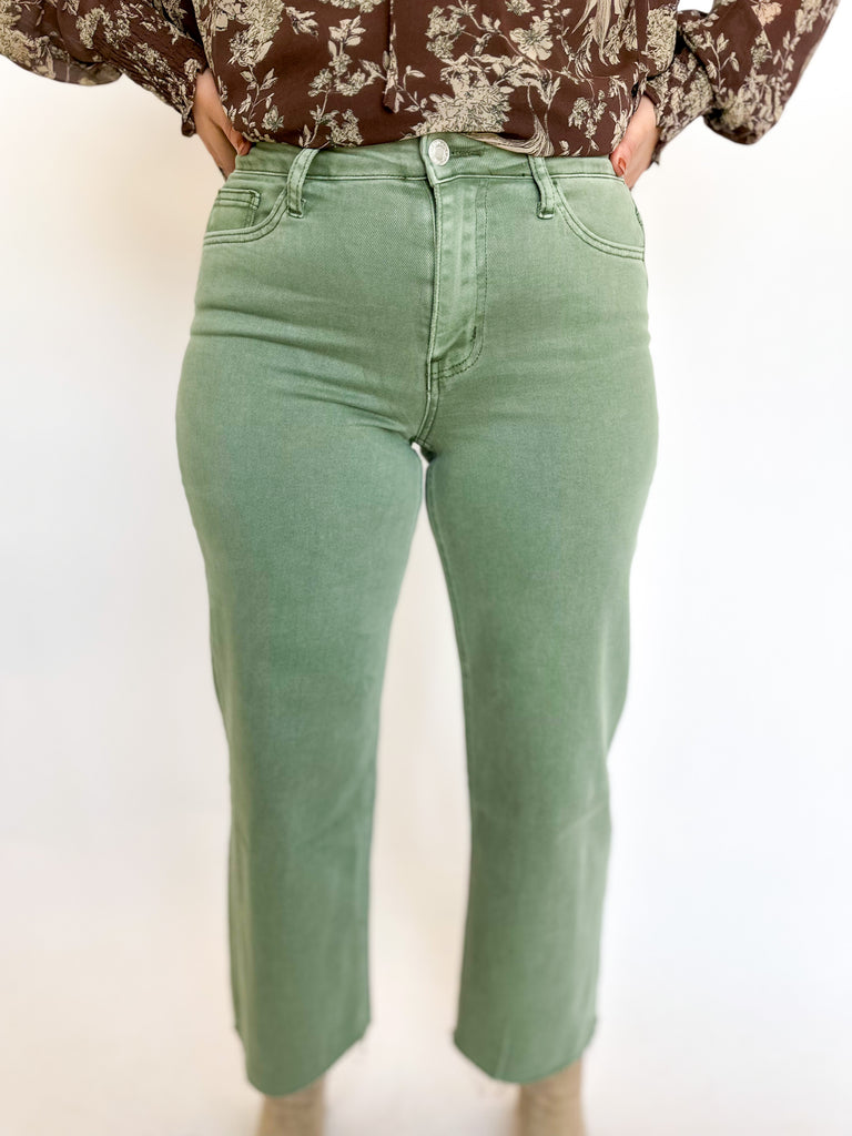 Vervet Mid Rise Wide Leg Cropped Jeans- Army Green-400 Pants-VEVERT BY FLYING MONKEY-July & June Women's Fashion Boutique Located in San Antonio, Texas