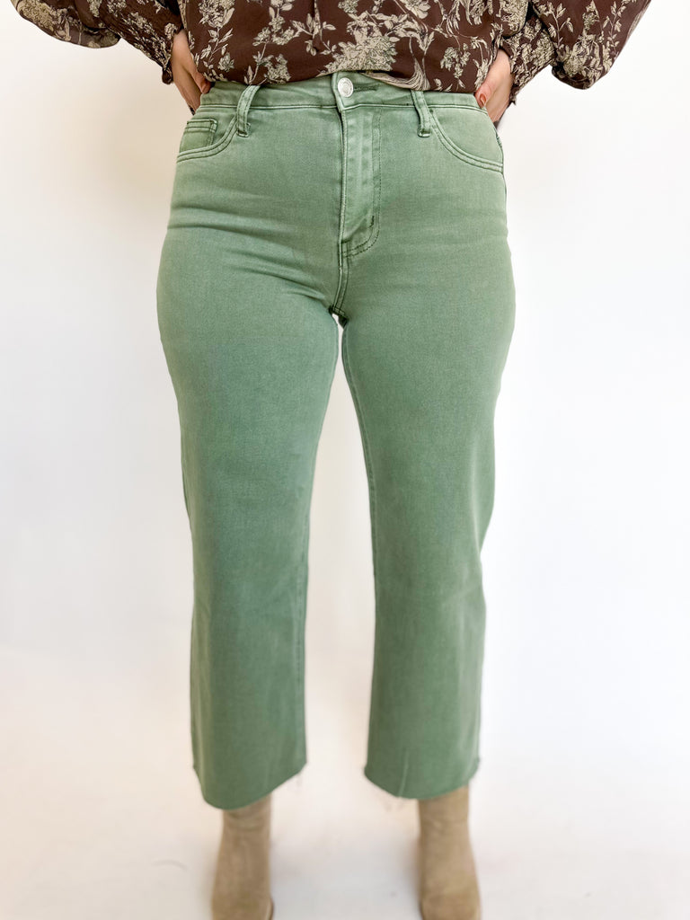 Vervet Mid Rise Wide Leg Cropped Jeans- Army Green-400 Pants-VEVERT BY FLYING MONKEY-July & June Women's Fashion Boutique Located in San Antonio, Texas