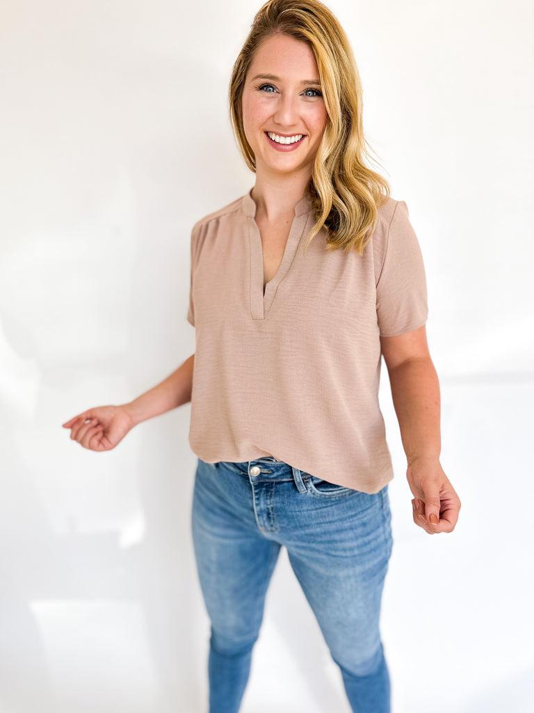 Classic V-Neck Blouse- Taupe-200 Fashion Blouses-ENTRO-July & June Women's Fashion Boutique Located in San Antonio, Texas