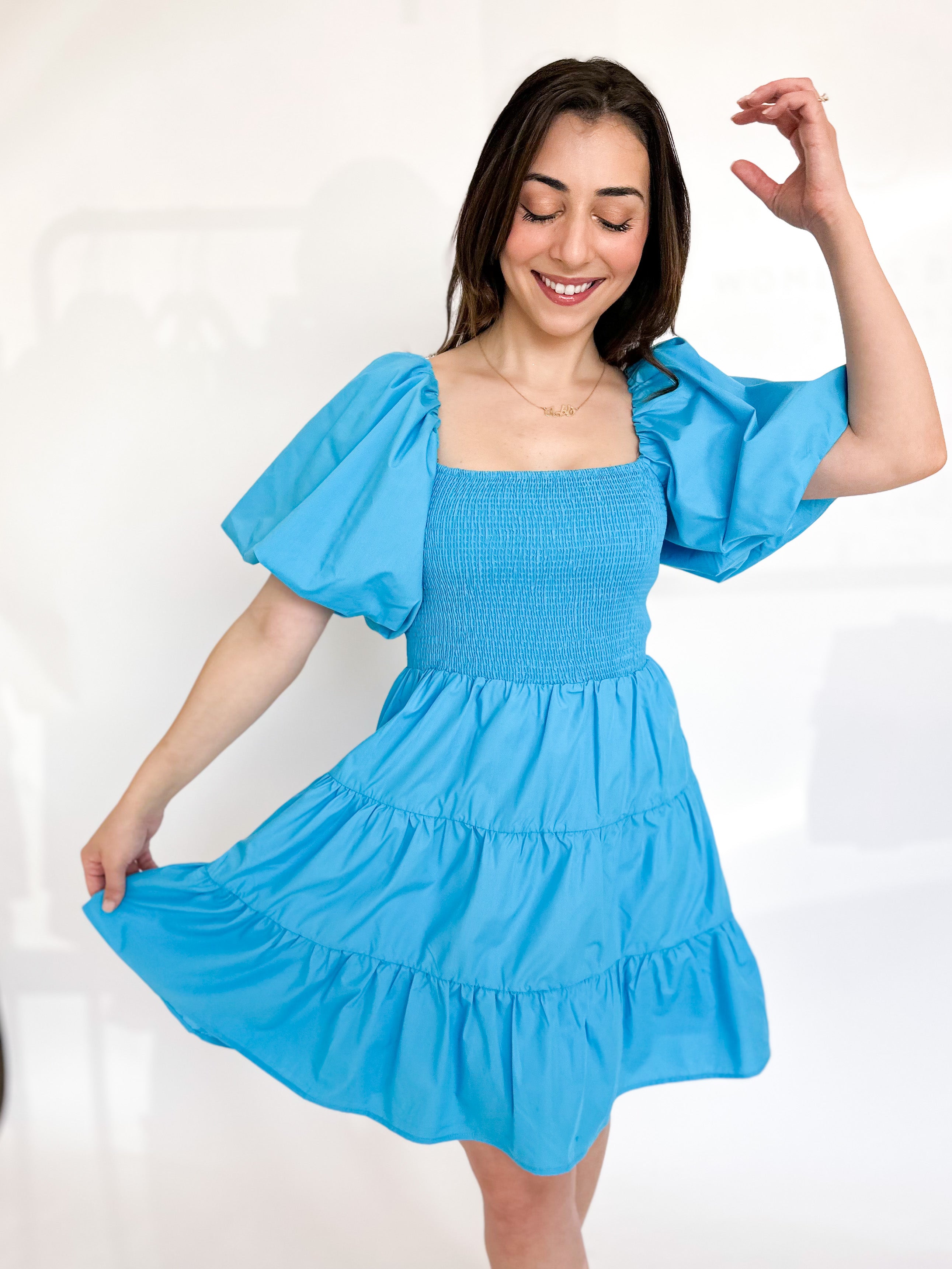 Puff Sleeve Mini Dress - Aqua-510 Mini-ENTRO-July & June Women's Boutique, Located in San Antonio, Texas