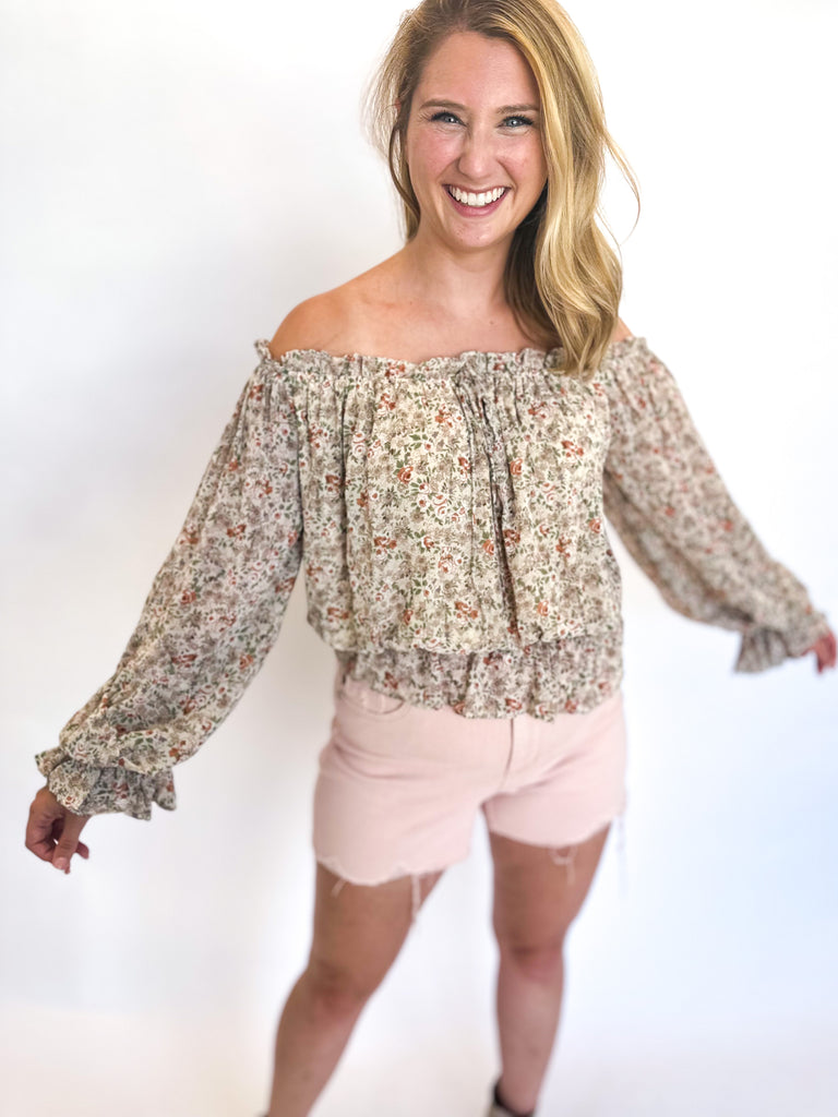 Cream Floral Off The Shoulder Blouse-200 Fashion Blouses-&MERCI-July & June Women's Fashion Boutique Located in San Antonio, Texas