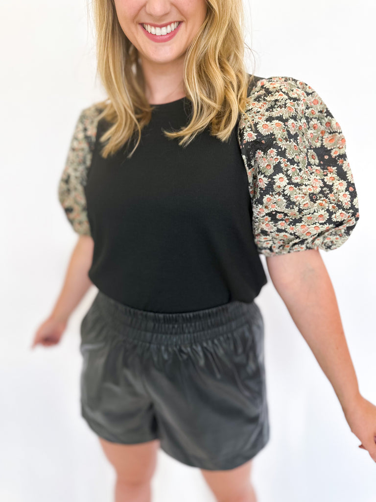 Exaggerated Floral Puff Sleeve Blouse- Black-200 Fashion Blouses-ENTRO-July & June Women's Fashion Boutique Located in San Antonio, Texas