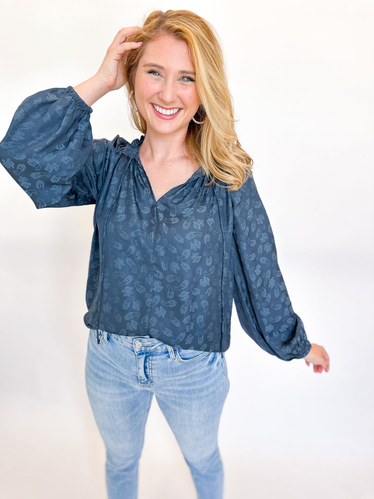 Navy Paisley Blouse-200 Fashion Blouses-CURRENT AIR CLOTHING-July & June Women's Boutique, Located in San Antonio, Texas