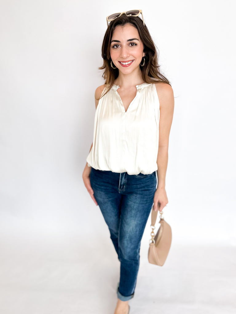 Satin Bubble Crop Blouse - Cream-200 Fashion Blouses-CURRENT AIR CLOTHING-July & June Women's Boutique, Located in San Antonio, Texas