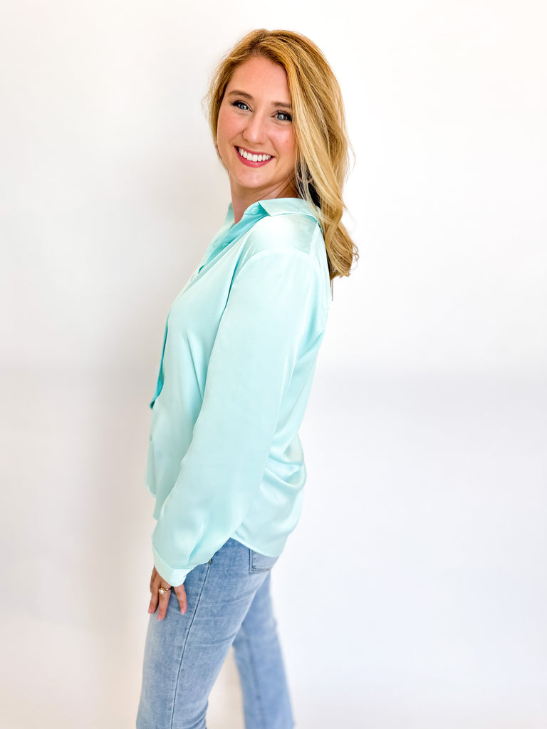 Vivy Button Down Blouse - Ice Blue-200 Fashion Blouses-SKIES ARE BLUE-July & June Women's Boutique, Located in San Antonio, Texas