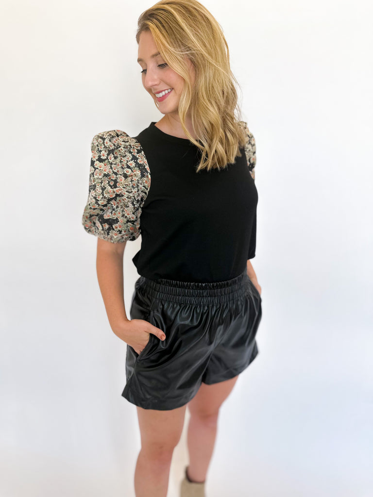 Exaggerated Floral Puff Sleeve Blouse- Black-200 Fashion Blouses-ENTRO-July & June Women's Fashion Boutique Located in San Antonio, Texas
