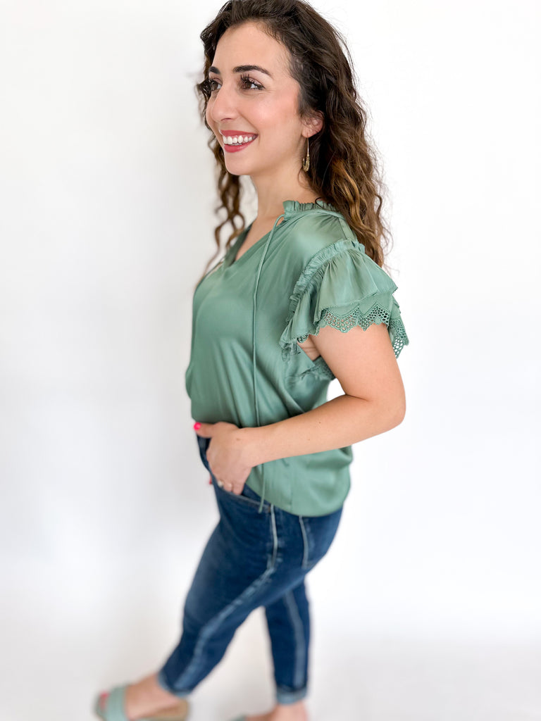 Lace Detailed Ruffle Blouse - Sage-200 Fashion Blouses-CURRENT AIR CLOTHING-July & June Women's Boutique, Located in San Antonio, Texas