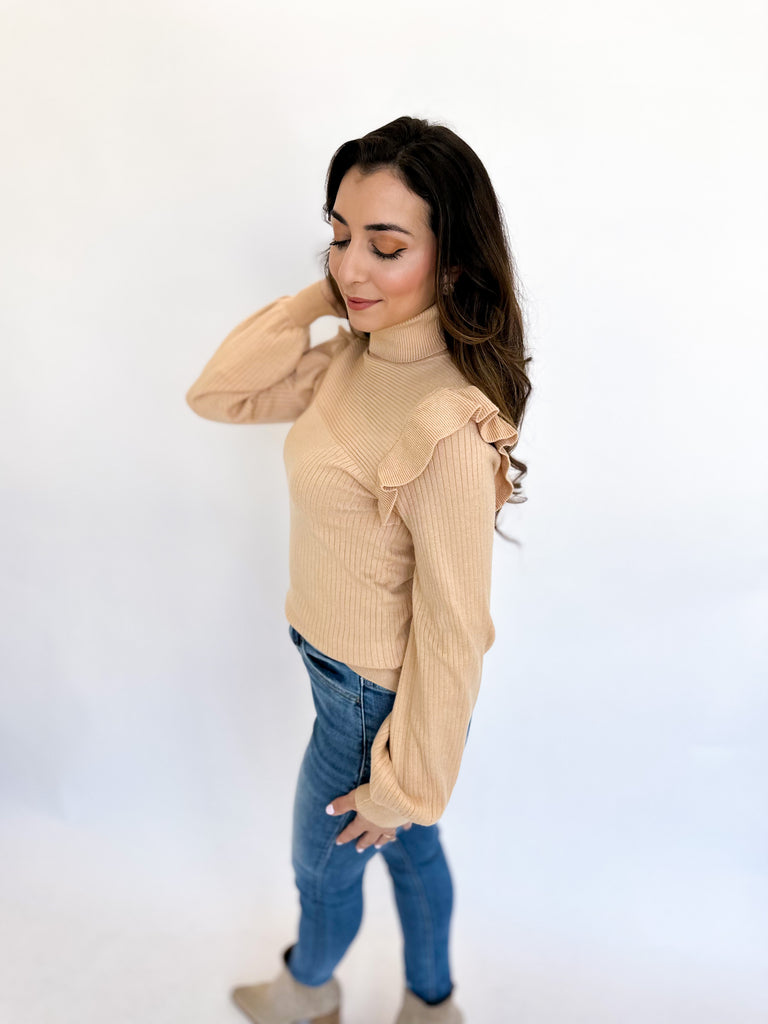 Taupe Ribbed Ruffle Sleeve Turtleneck-230 Sweaters/Cardis-&MERCI-July & June Women's Fashion Boutique Located in San Antonio, Texas