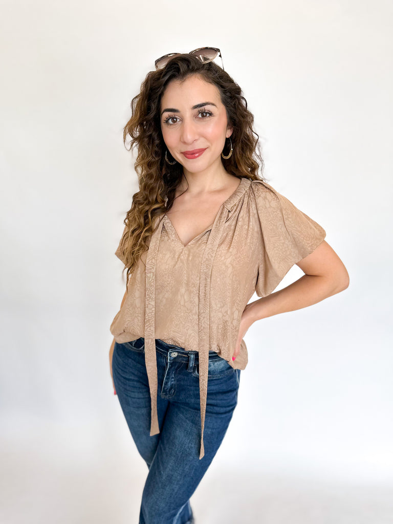 Elevated Taupe Floral Blouse-200 Fashion Blouses-CURRENT AIR CLOTHING-July & June Women's Boutique, Located in San Antonio, Texas