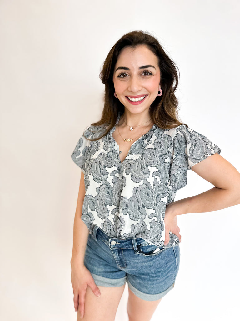 Floral Paisley Blouse - Navy-200 Fashion Blouses-CURRENT AIR CLOTHING-July & June Women's Boutique, Located in San Antonio, Texas