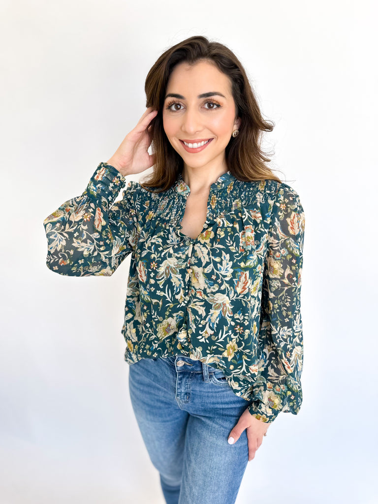 Green & Gold Garden Blouse-200 Fashion Blouses-FATE-July & June Women's Fashion Boutique Located in San Antonio, Texas