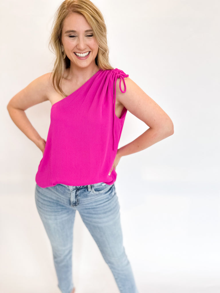 One Shoulder GNO Blouse - Pink-200 Fashion Blouses-TYCHE-July & June Women's Boutique, Located in San Antonio, Texas