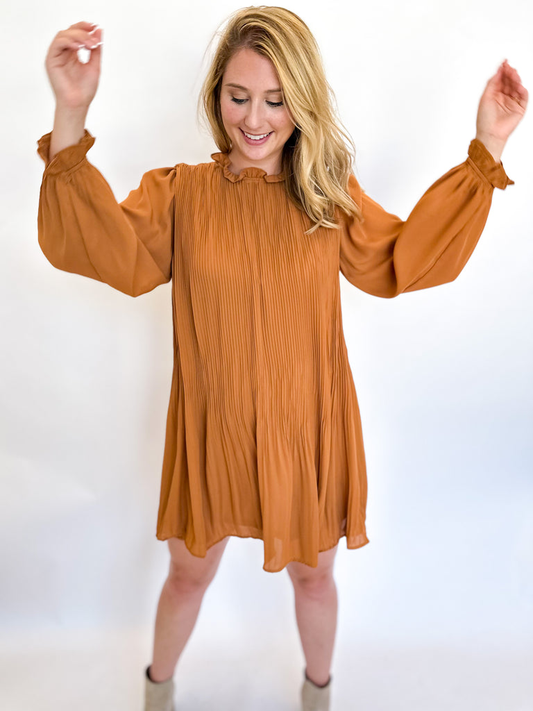 Long Sleeve Pleated Mini Dress- Honey-510 Mini-&MERCI-July & June Women's Fashion Boutique Located in San Antonio, Texas