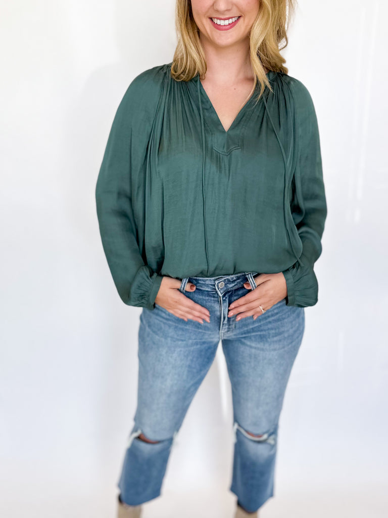 Sleek V-Neck Blouse - Gray Green-200 Fashion Blouses-CURRENT AIR CLOTHING-July & June Women's Fashion Boutique Located in San Antonio, Texas