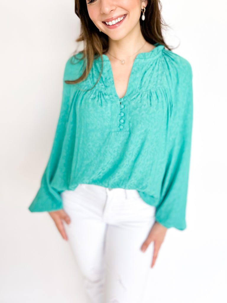 Turquoise Dainty Floral Blouse-200 Fashion Blouses-CURRENT AIR CLOTHING-July & June Women's Boutique, Located in San Antonio, Texas