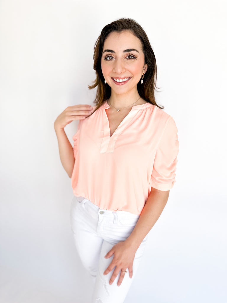 Shoulder Detail Peach Blouse-200 Fashion Blouses-CURRENT AIR CLOTHING-July & June Women's Boutique, Located in San Antonio, Texas