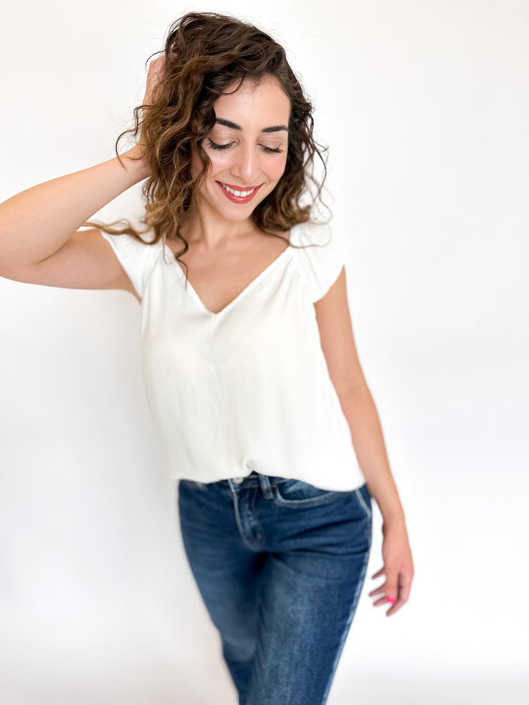 Ivory Satin Ruffle Tank-200 Fashion Blouses-CURRENT AIR CLOTHING-July & June Women's Boutique, Located in San Antonio, Texas