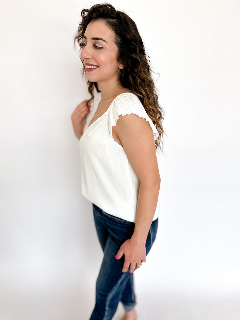 Ivory Satin Ruffle Tank-200 Fashion Blouses-CURRENT AIR CLOTHING-July & June Women's Boutique, Located in San Antonio, Texas
