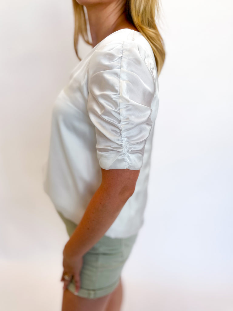 White Satin Ruched Short Sleeve Blouse-200 Fashion Blouses-ADRIENNE-July & June Women's Fashion Boutique Located in San Antonio, Texas