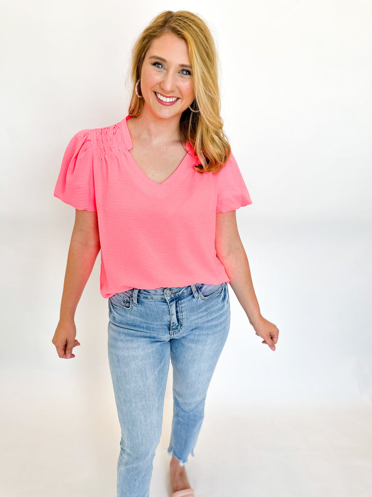 Neon Pink Smocked Detail Blouse-200 Fashion Blouses-JODIFL-July & June Women's Boutique, Located in San Antonio, Texas